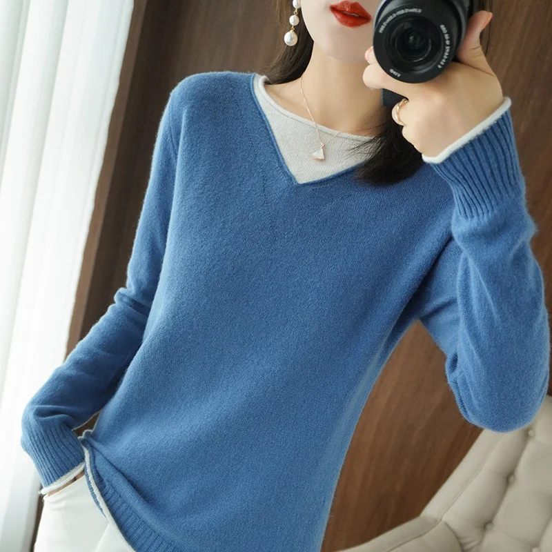 2020Autumn winter clothes Women New Cashmere Woman Knitted Sweater Fashion Round neck Women Loose Sweater Pullover Fake two coat