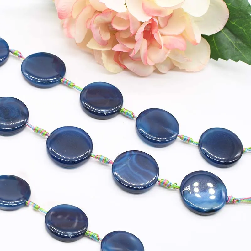 2 strands/lot 30mm Natural smooth Coin Bead blue Agates beads For DIY Necklace Bracelet Jewelry Making 15