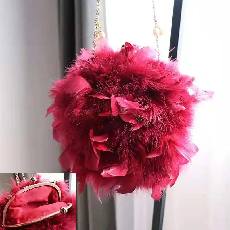 Real fire chicken feather multicolor handbag straddle  fashion wallet lovely pearl chain Ladies' cross shoulder bag handbag