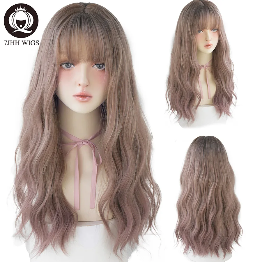 Wig 7JHH Wig Harajuku Merah Muda Coklat Lolita Panjang Dua Warna Wig Cosplay Realistis dengan Poni untuk Wanita Wig Bergelombang Rambut Sintetis