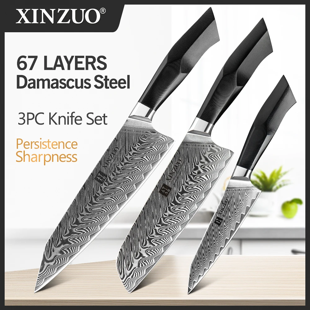 XINZUO 3PCS Kitchen Knives Set G10 Handle 67 Layers High Carbon VG10 Damascus Steel Super Sharp Blade Vegetable Meat Fruit Knife