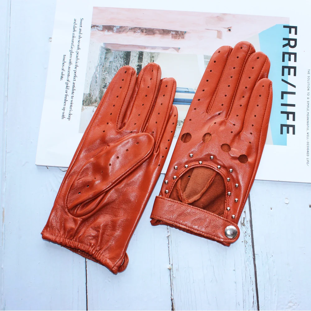 Guantes coloridos para ciclismo al aire libre de cuero genuino de piel de cabra de alta calidad transpirables huecos a la moda para mujer primavera