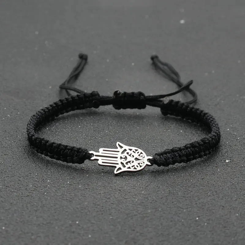 Pulsera con dijes de acero inoxidable para hombres y mujeres, cuerda trenzada hecha a mano, pulseras de la amistad de la mano de Fátima ajustables de la suerte, joyería de puño