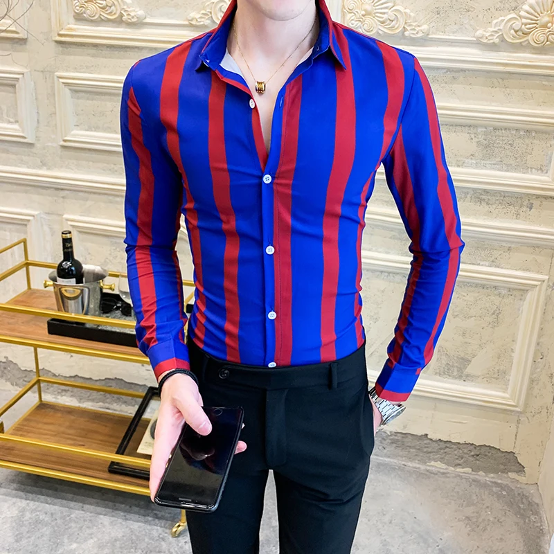 Striped Men\'s Shirt Dress Business Casual Shirts Long Sleeve Slim Fit Men Shirt 2019 Autum Tuxedo Social Shirts Male Clothing