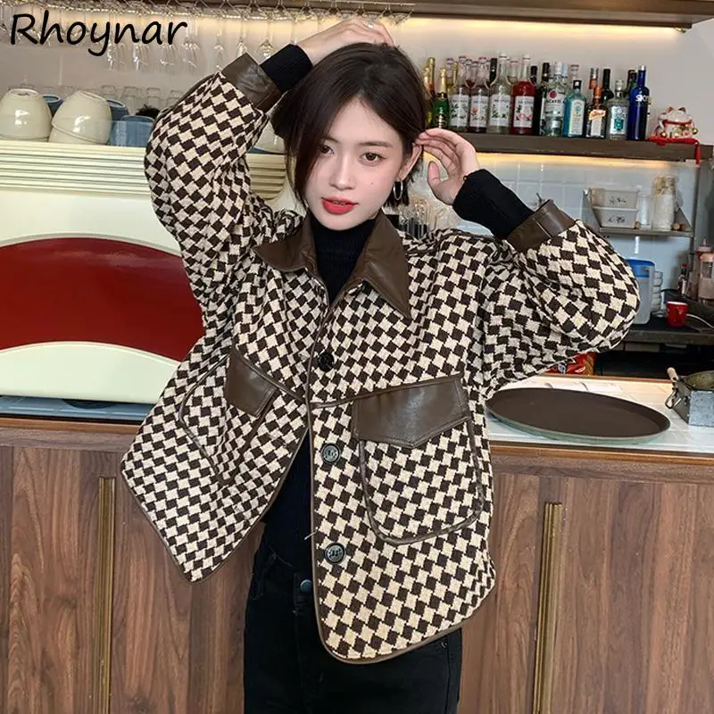 

Basic Jackets Women Outwear Design Turn Down Collar Plaid Long Sleeve Thicken Winter Vintage Fashion British Style Hot Girls Ins