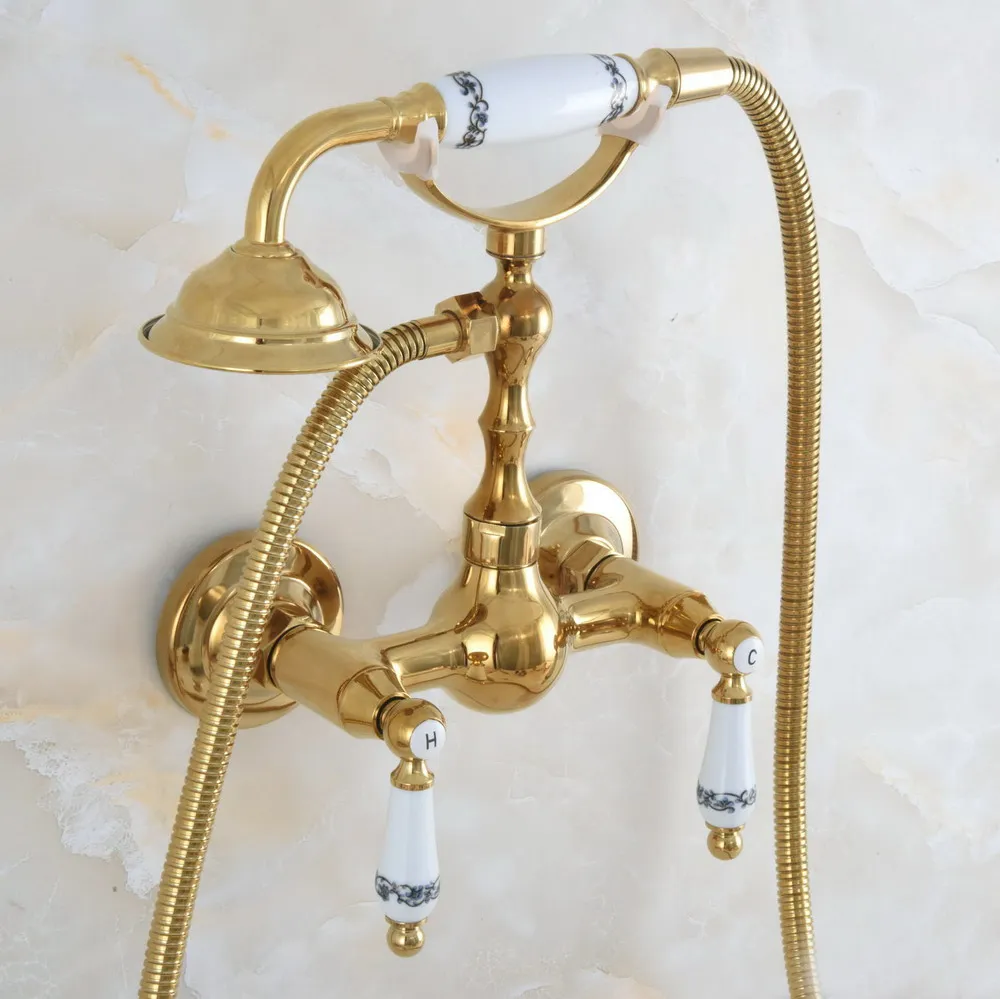 

Contemporary Luxury Gold Color Brass Wall Mounted Bathtub Faucet with Handheld Shower Set +150CM Hose Mixer Tap 2na840