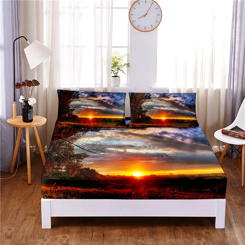 

Setting Sun Digital Printed 3pc Polyester Fitted Sheet Mattress Cover Four Corners with Elastic Band Bed Sheet Pillowcases