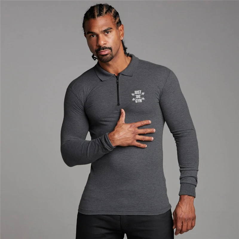 New Gyms Fashion Men's Clothing Workout Casual Polo Shirts Muscle Sports Long Sleeve Sporting Fitness Zipper  Shirt