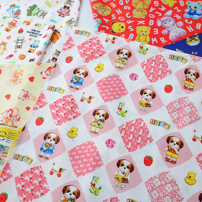 Cat Dog Cartoon Digital Printed Cotton Fabric For DIY Handmade Dolls Clothes Handbag By Half Meter