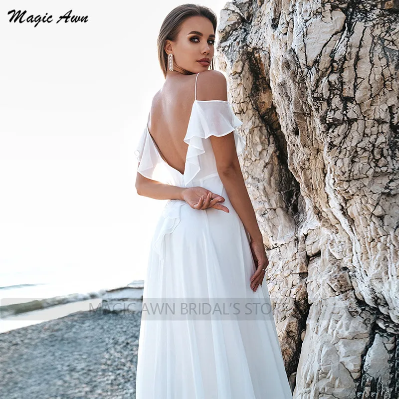 Magic Awn-vestidos de Novia bohemios de gasa para playa, con tirantes finos, volantes, sencillos, marfil, espalda abierta, 2021