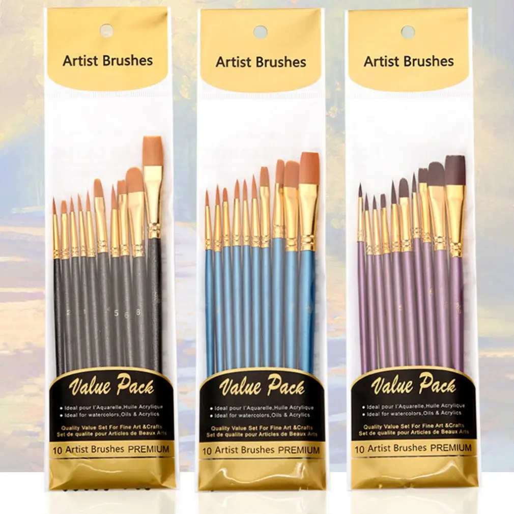 

Artist Nylon Paint Brush Professional Watercolor Acrylic Wooden Handle Painting Brushes Art Supplies Stationery 10 pcs