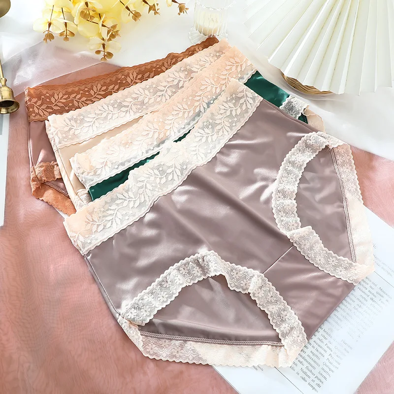 Plus Size Seamless Panties High Waist Silk Cloth Female Intimates Underpants Ladies Ultrathin High Quality Satin Underwear 84