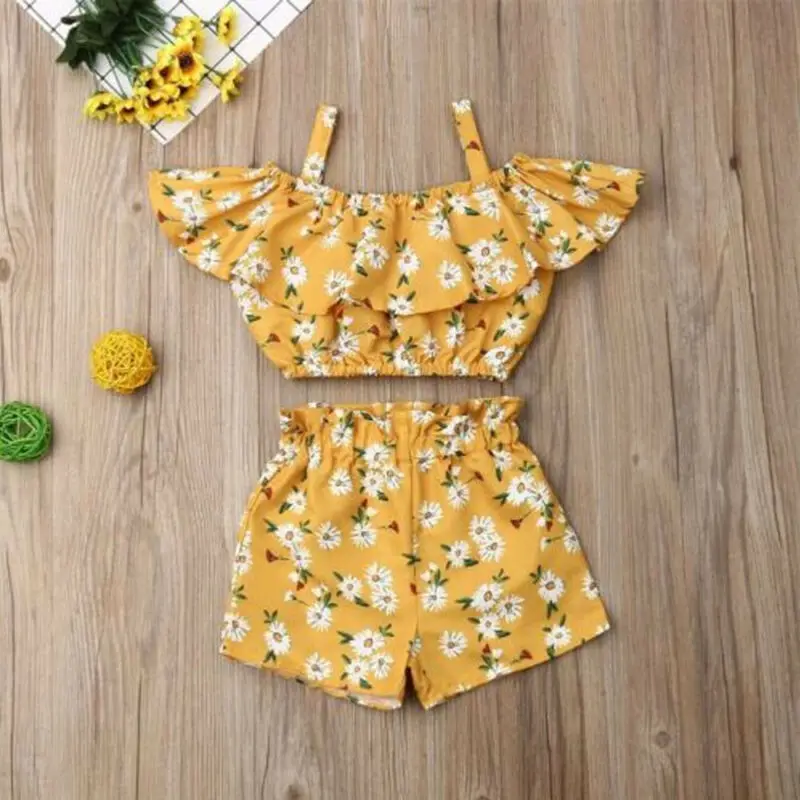 Kids Baby Girl Summer Toddler Outfits Clothes Off Shoulder Ruffles Shirt Tops Shorts Holidays Casual Girls Clothing 2Pcs Set