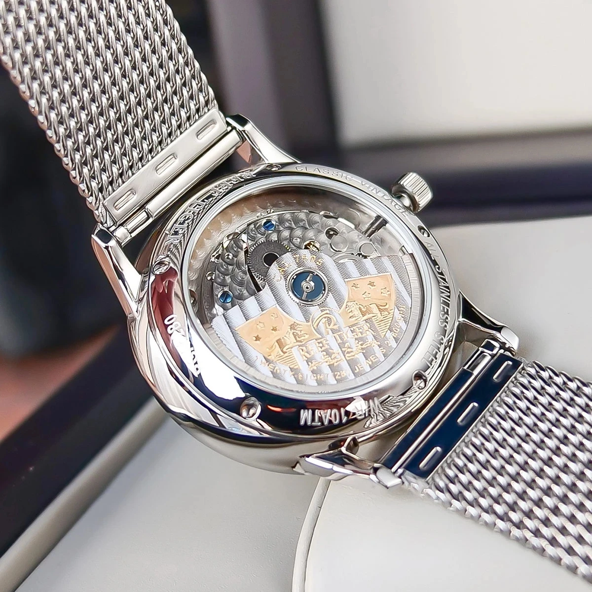 Reef Tiger/RT New Fashion Business Men Watches Waterproof Stainless Steel Mesh Steel Band Date Power Reservce Mechanical Watches