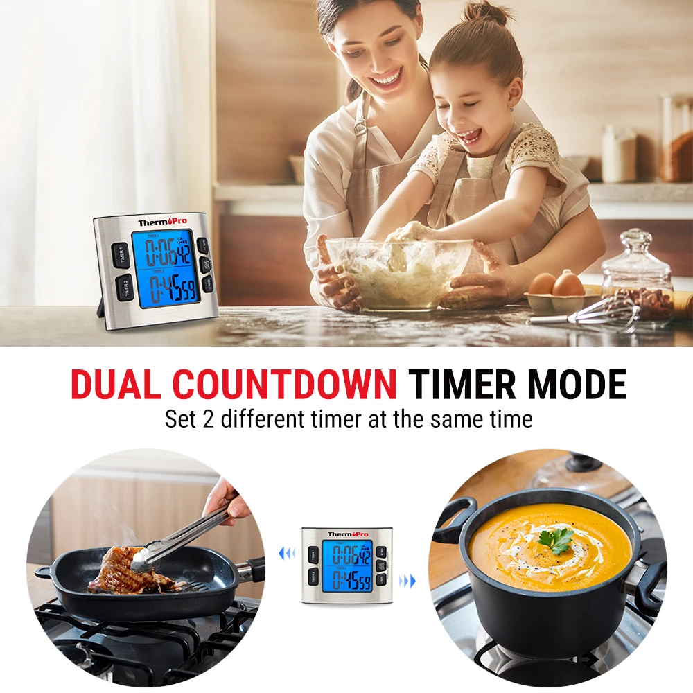 ThermoPro TM02 Backlight Kitchen Timer Countdown Countup Dual Digital Timer for Cooking Shower Study With Alarm Clock And Date