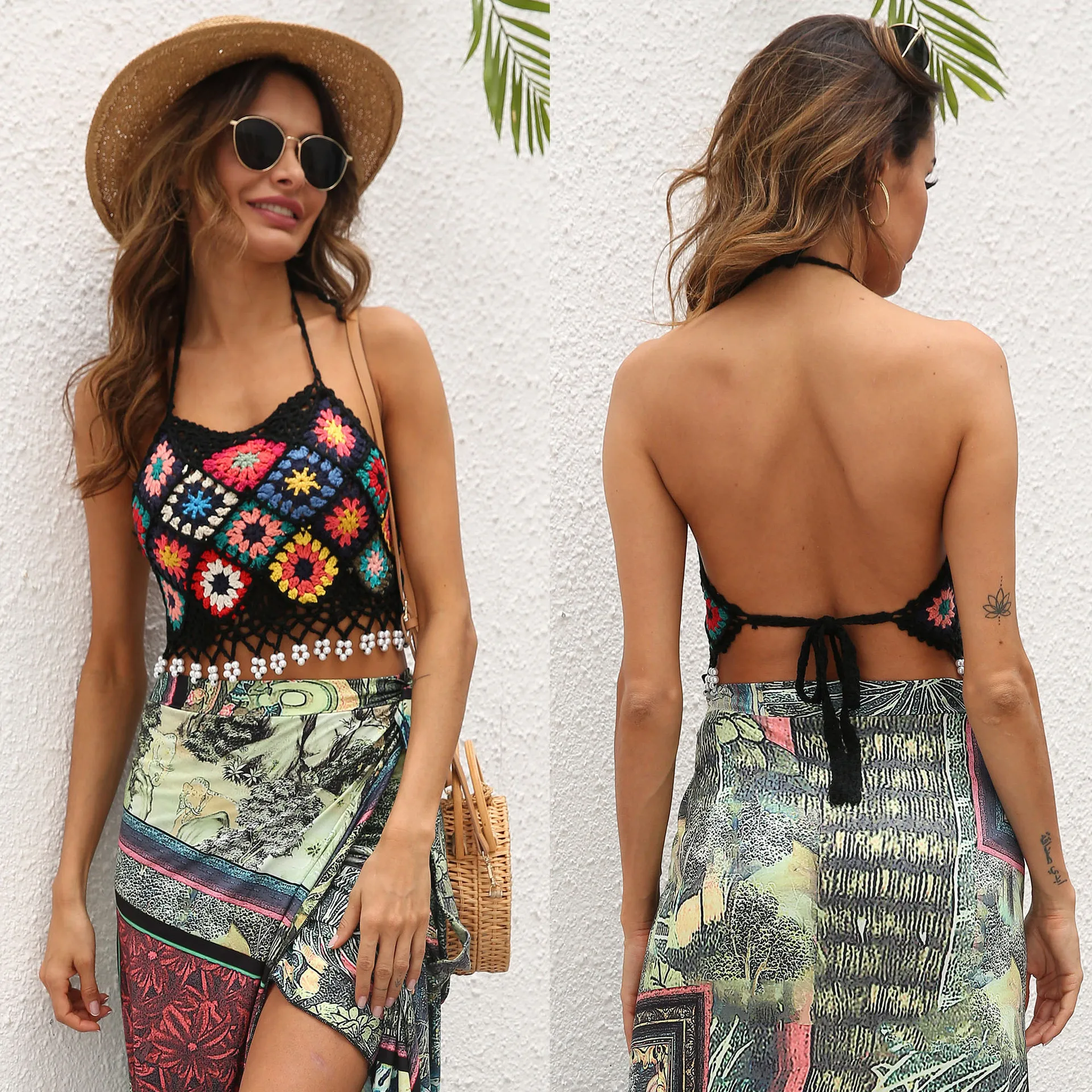 Padrão de crochê Floral Halter pescoço Backless regata feminino, Camisola de malha, Borlas Camisola