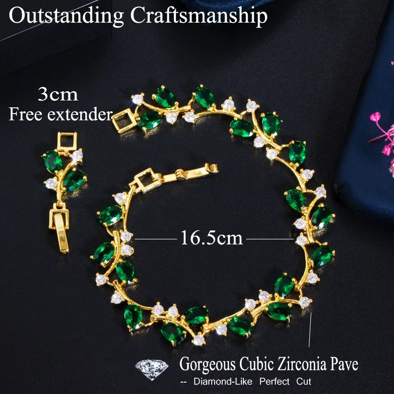 CWWZircons Elegant Leaf Branch Yellow Gold Color Sparkling Cubic Zircon Bracelet Fashion Female Wedding Jewelry Gift CB220