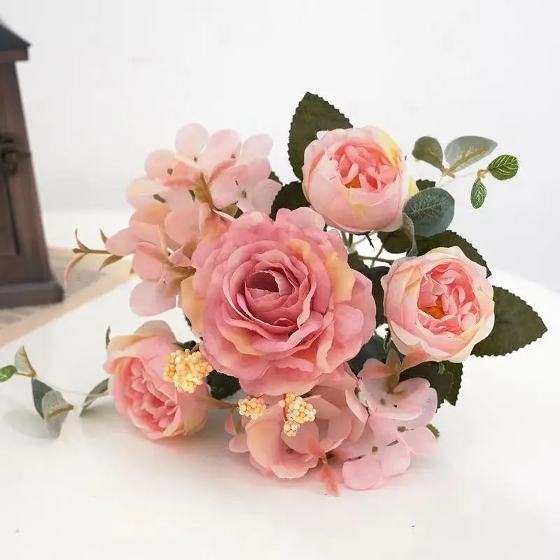 Künstliche Blumen, Retro-Seidenrosen-Blumenstrauß, Hortensien, Pfingstrosen, Vintage-Brautstrauß, künstliche Pflanzen, Dekoration für Zuhause und Hochzeiten, Accessoires. – Detail 7
