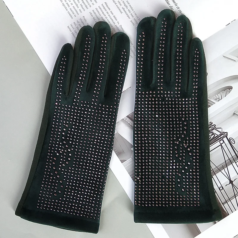 Fashion Women\'s Diamond Full Finger Touch Screen Gloves Winter Plus Velvet Warm Driving Gloves Suede Thick Rhinestone Gloves D72