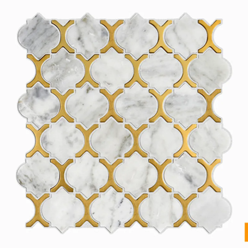 NEW Luxury Nordic Lantern shaped Gold Metal White Marble Mosaic tiles, kitchen backsplash bathroom living room wall/floor tile