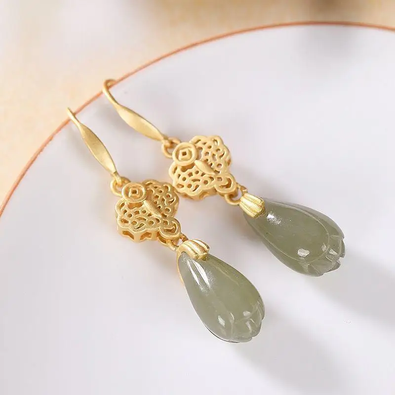 Original natural Hetian jade fresh orchid earrings Chinese style retro unique ancient gold charm women's silver jewelry