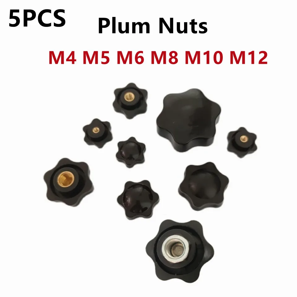 5PCS M4 M5 M6 M8 M10 M12 Plum Hand Tighten Nuts Handle Thread Mechanical Black Thumb Nuts Clamping Knob Manual Nuts Perforated