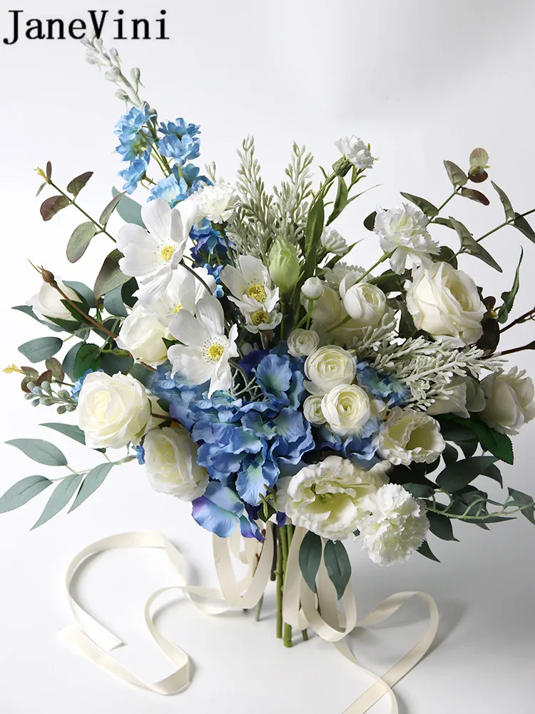 JaneVini Buquê De Casamento De Seda Azul Flores Bouquets de Noiva Noivas Damas De Honra Buquê Artesanal Subiu Folha Amarela Ramo Artificial