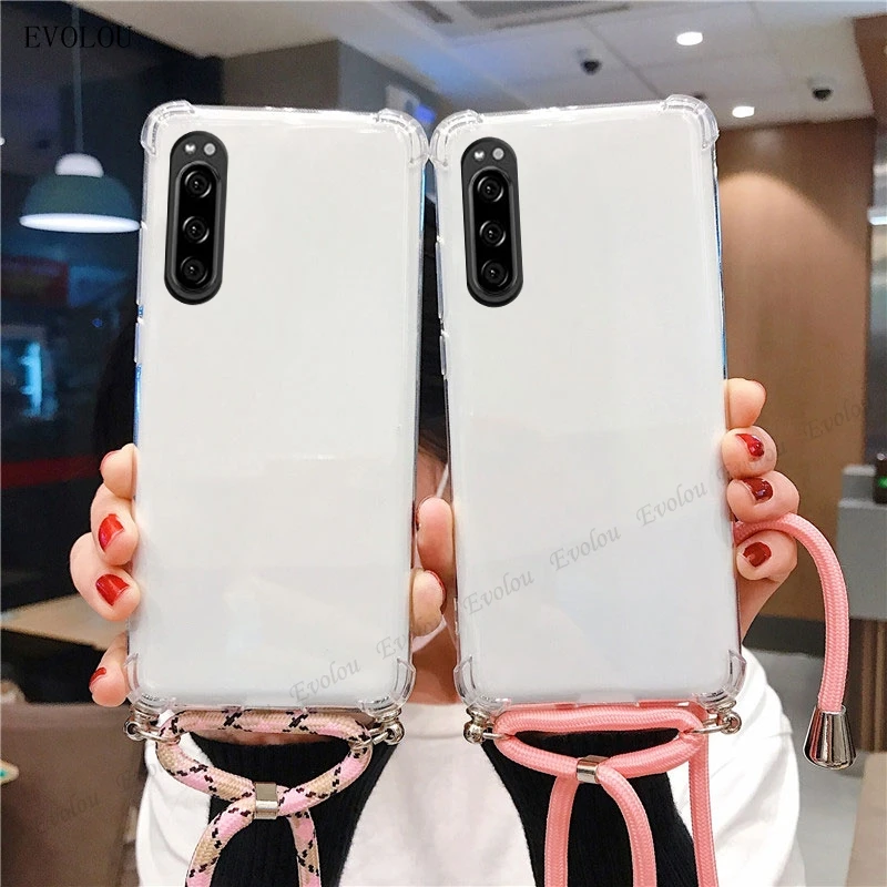 For Sony Xperia 10 III Corner Shockproof Transparent Case For Xperia 1 5 II L5 L4 8 Crossbody Necklace Lanyard Clear Back Cover