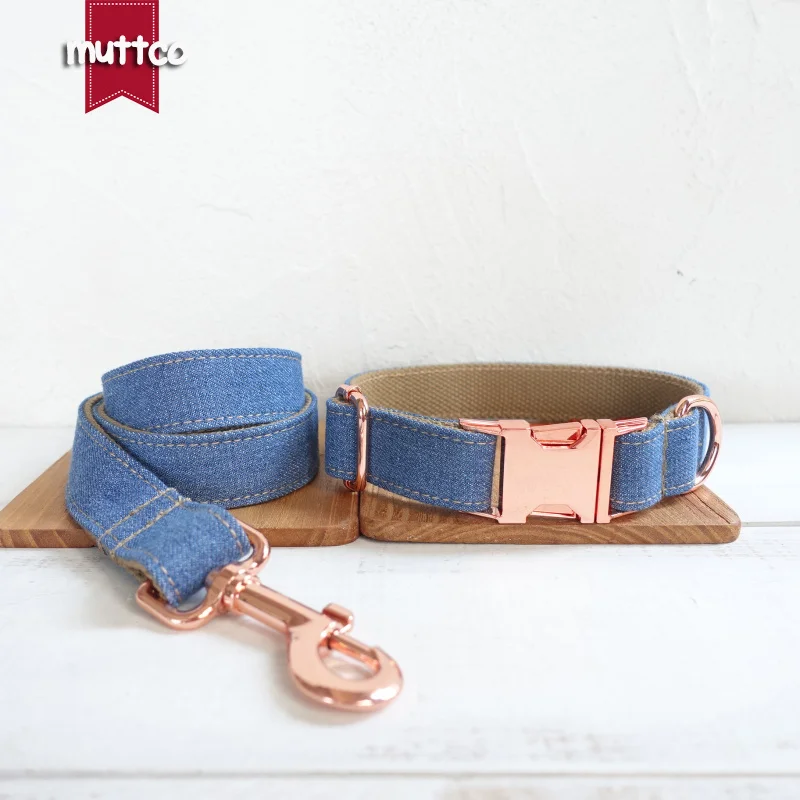 MUTTCO-collar de mezclilla hecho a mano para perro, Correa con pajarita, color marrón, 5 tamaños, UDC035M