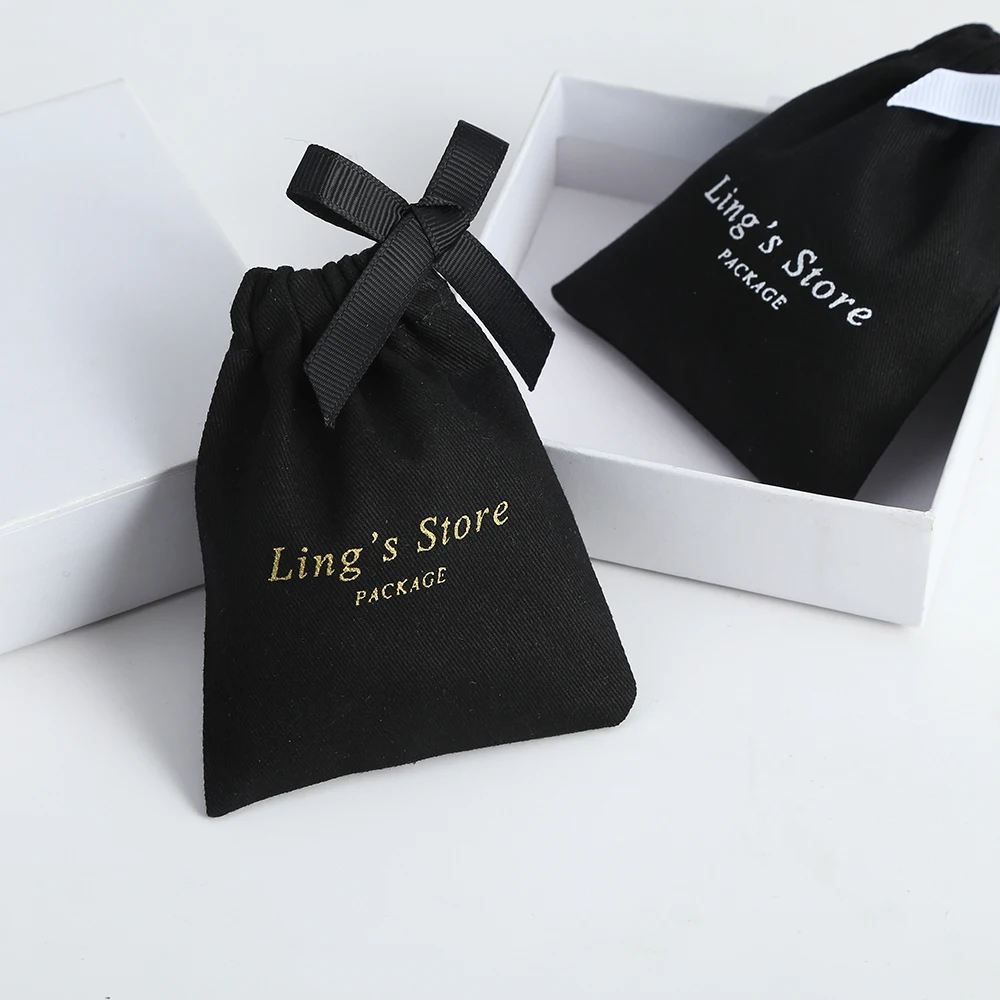 

50pcs Jewelry Packaging Black Cotton Canvas Pouch Bags Custom Drawstring Bags Personalized Logo Printed Jewelry Package Gift Bag