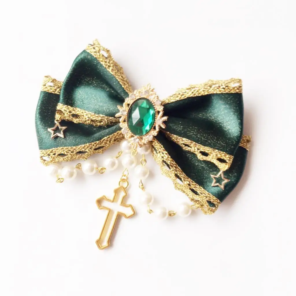 Lolita Side Clip Dark Green Barrettes Gorgeous Bead Necklace Cross Headdress Lolita Hair Accessories