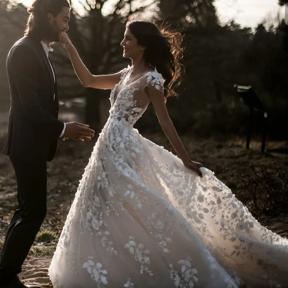 E jue shung vestidos de casamento de praia, frente única, decote em v profundo, manga de noiva, apliques 3d novia