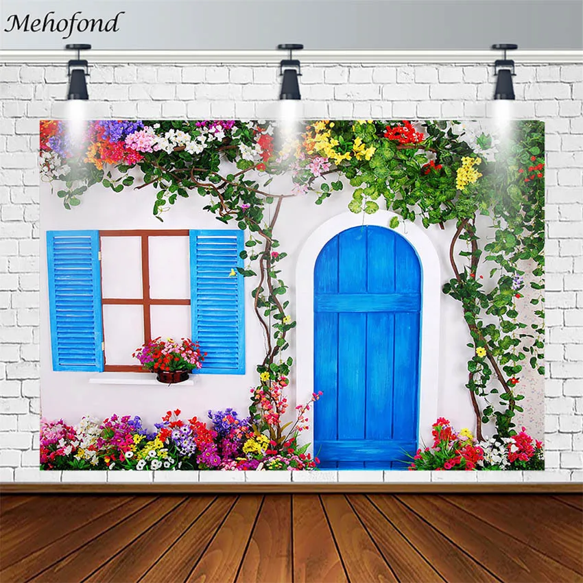 Mehofond Spring Floral Backdrops Flowers Green Leaves Photography Background Studio Blue Door Windows Decor Photophone Photozone