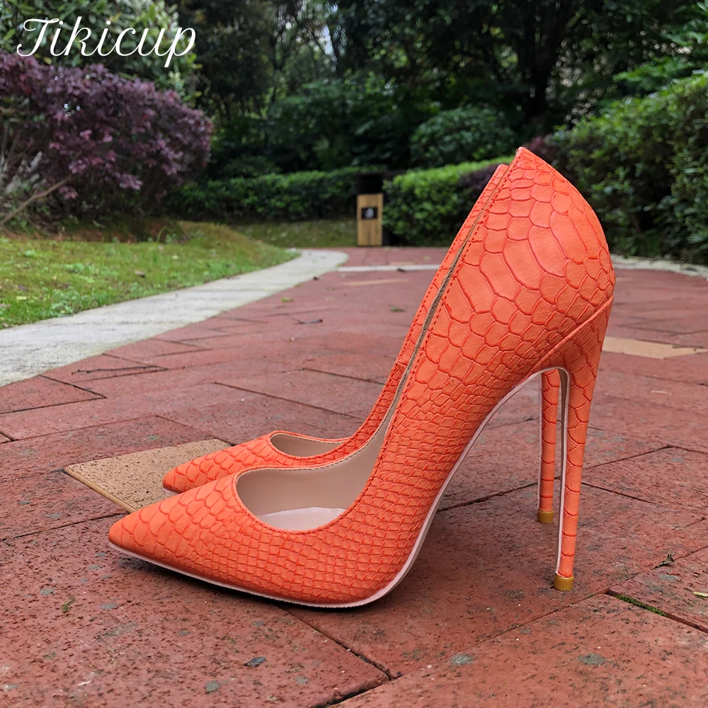 Tikicup Sexy Orange Croc-Effect Women Pointy Toe High Heels 12/10/8cm Slip On Stilettos Pumps Ladies Party Dress Shoes 34-45