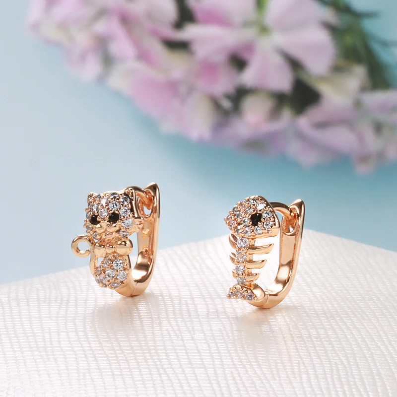Kinel Luxury Cute Cat Fish Earrings For Girls 585 Rose Gold Natural Zircon Stud Earrings Children Baby Xmas Gifts Animal Jewelry