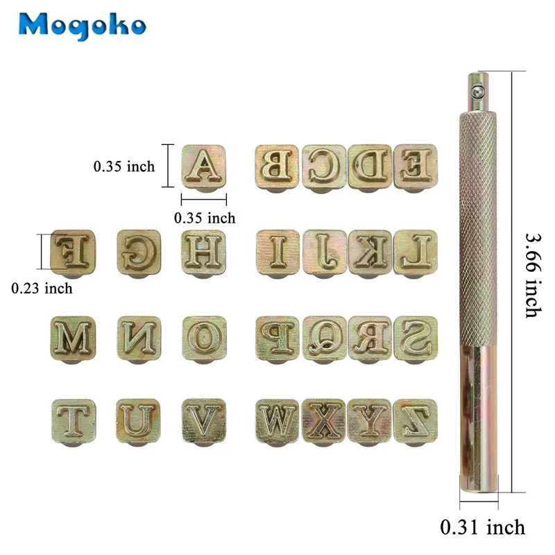 Mogoko 27pcs Leathercarft Stamping Tool Set 26 Letters Alphabet Stamps Steel Punch Tool 6mm +1 Stamping Handle for Leather Craft