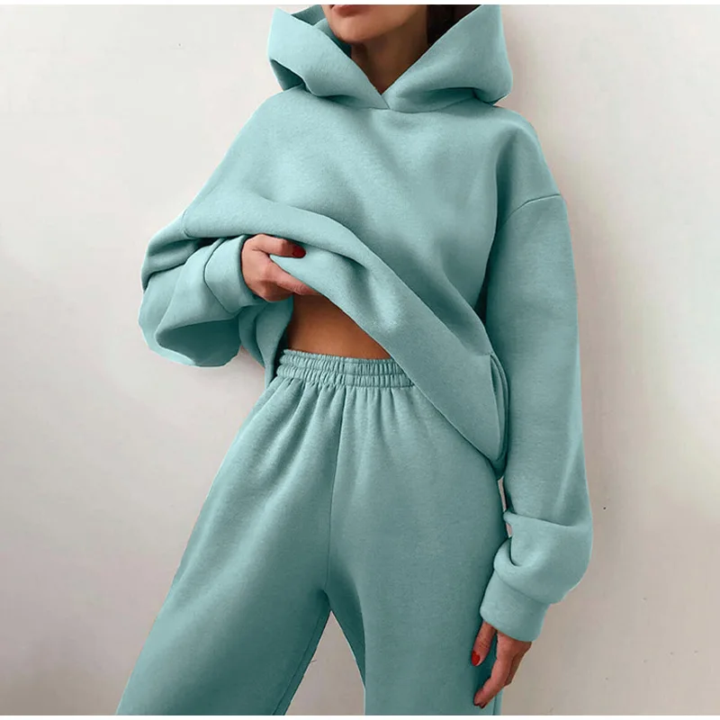 Women Tracksuit Set Solid Long Sleeve Casual Suits Autumn Winter Warm Hooded Sweatshirts And Jogger Pants Fleece Two Piece Set