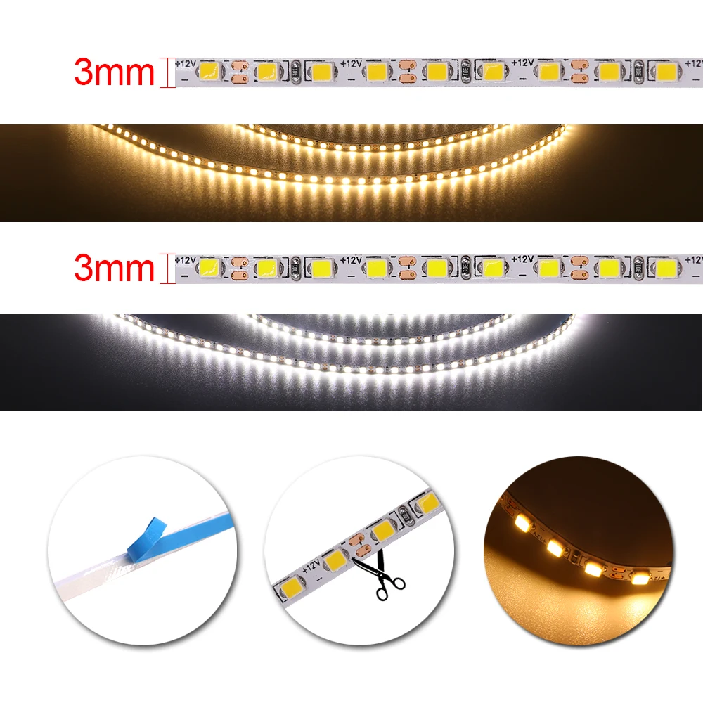 

5M LED Strip Light SMD 2025 168Leds/M 3MM Flexible Led Lights Led Tape White/Warm White Kitchen Cabinet Lamp Night Light DC12V