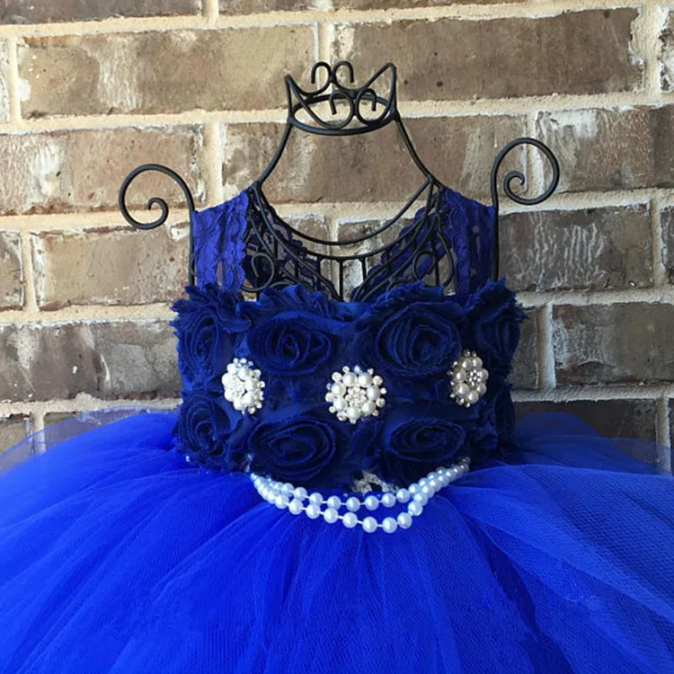 Girls Royal Blue Flowers Tutu Dress Kids Lace Straps Tulle Dress Pearl Ball Gown Children Birthday Party Banquet Costume Dresses