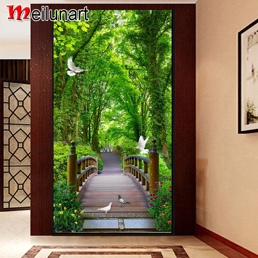 

Pigeon wooden bridge scenery large mosaic diy 5d diamond painting full square round drill rhinestone embroidery kits AS1673