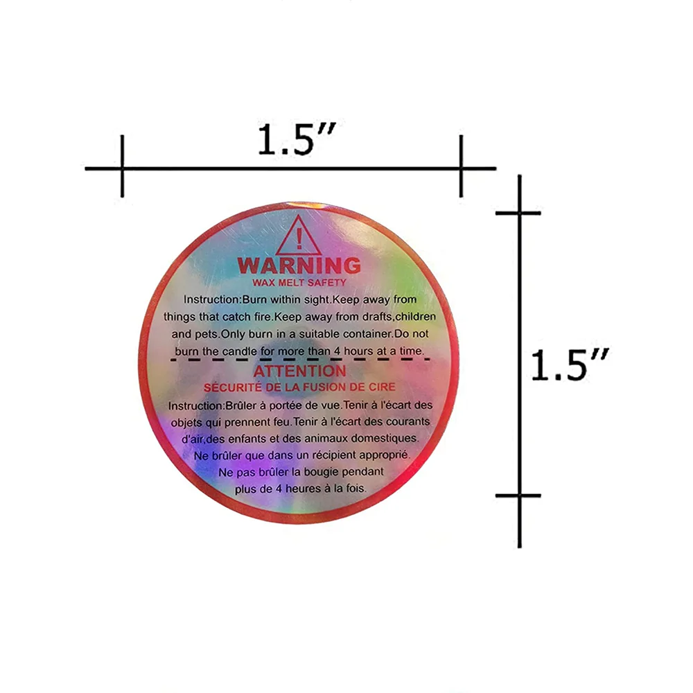 Candle Warning Holographic French Stickers Container Labels Waterproof Strong Wax Melting Safety Stickers Great for Jar