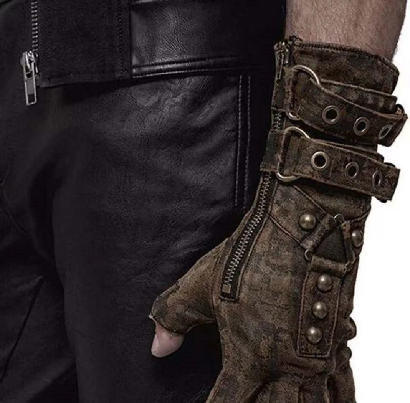 Luvas de motocicleta militar Steampunk masculinas, luvas góticas sem dedos, acessórios medievais para cosplay preto e marrom, 1 par