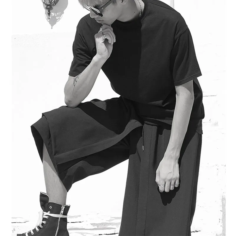 Men's Pants Summer Slouchy Wide-Leg Pants Casual Culottes Men's Shorts Fake Two Pieces Cropped Pants Hip Hop Yamamoto Style