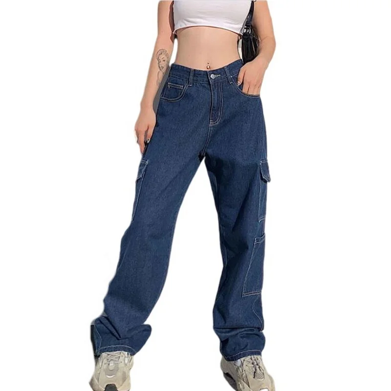 Fashion Big Pocket Jeans Women's Jeans Streetwear High Waist Jeans Vintage Straight Harajuku Loose Straight-Leg Cargo Pants