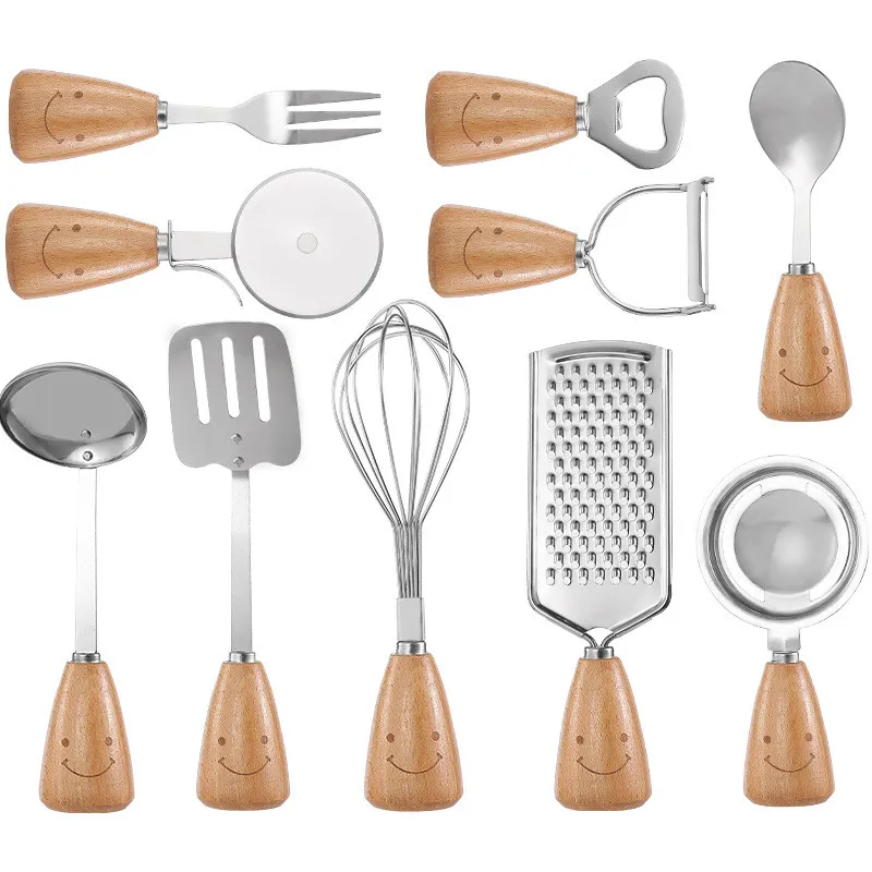 

11 Pcs/Set Creative Smiling Face Stainless Steel Gadget Tool with Anti-Slip Round Wooden Handle Kitchen Cooking Utensils Set