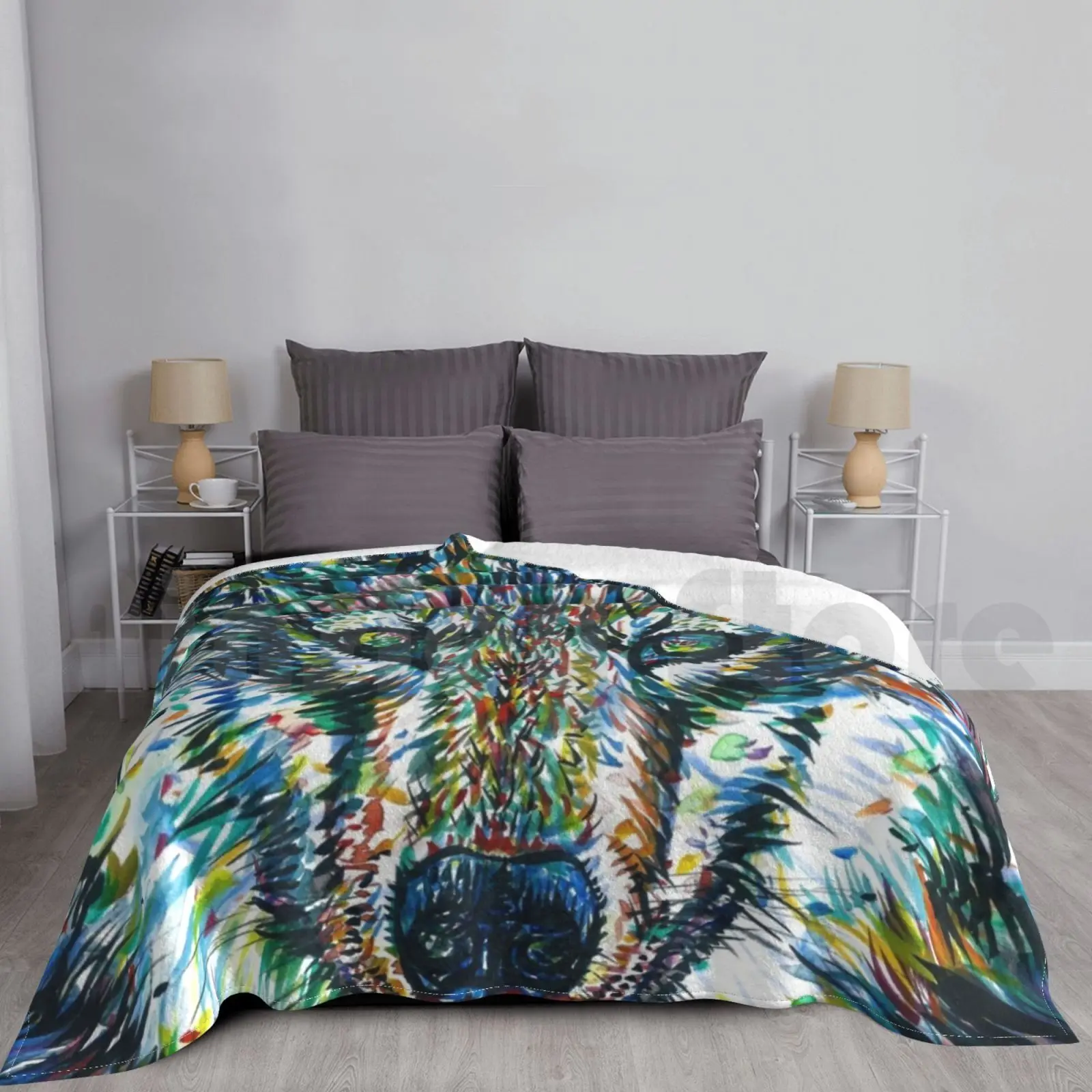 

Blanket Wolf-Watercolor And Ink Portrait 2881 Wolf Wolf Face Wolf Head Wolf Portrait Wolf