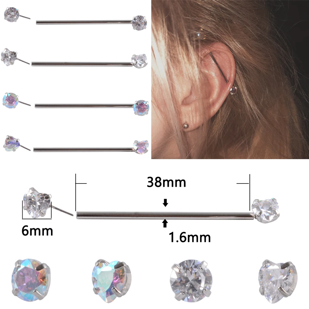 1PC Surgical Steel CZ Gem Ear Industrial Barbell Heart&Round Zircon for Women Men Cartilage Earring Helix Body Piercing Jewelry
