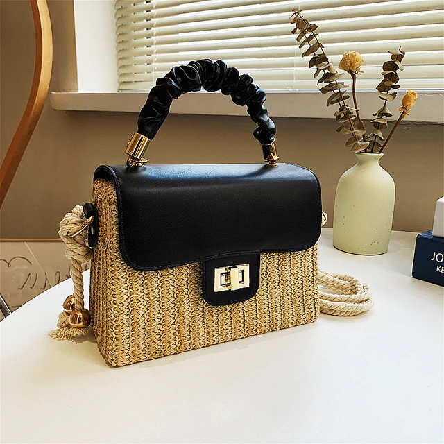 Słomiana torba plażowa dla kobiet 2021 letni plisowany uchwyt luksusowa designerska torba kontrastowy kolor torebka typu crossbody i torebka Lady Bolsos