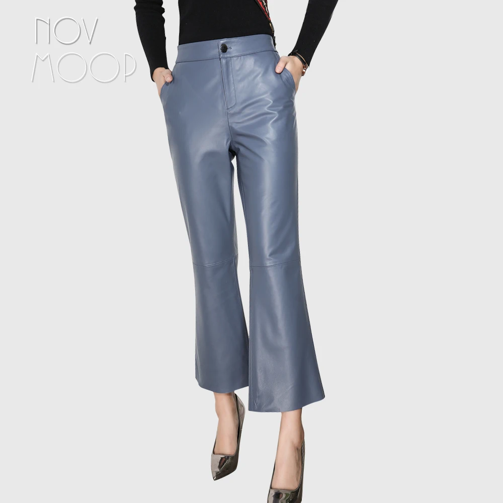 

Novmoop office lady fashion style sheepskin genuine leather flare pants women winter trousers pantalones de mujer LT2983