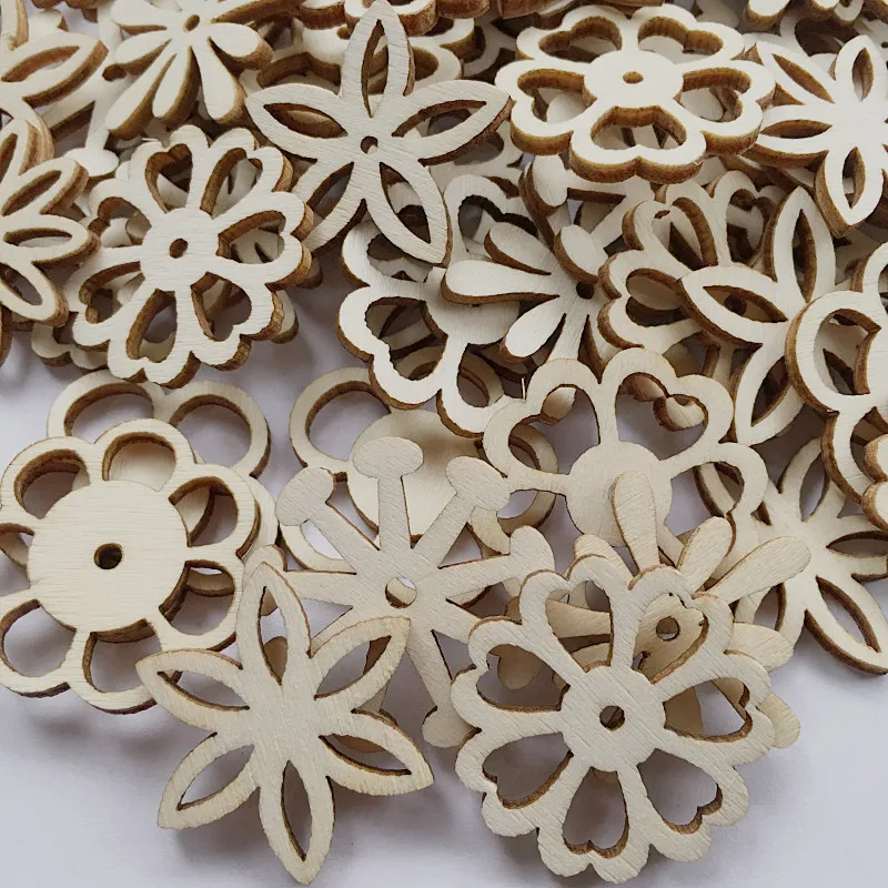 20pcs Mixed Wooden Embellishments Laser Cut Blanks Slices Flower Shapes Nature Decorations for Kids DIY